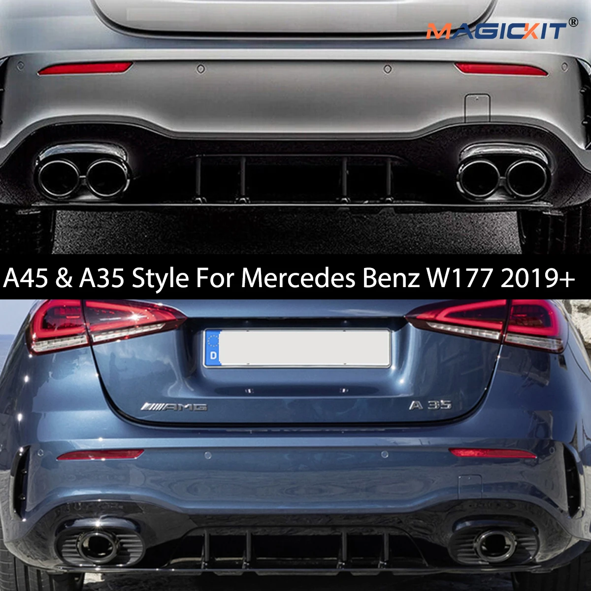 A45 A35 Stile Paraurti Posteriore Diffusore Labbro con Punte di Scarico per Mercedes Benz W177 A160 A180 A200 A220 A250 Hatchback 2019+