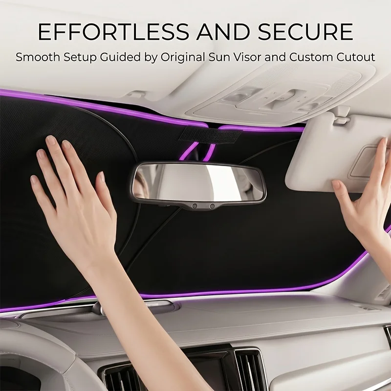 1Pcs New Purple Car Sunshade for the Front Windshield, Blocks Summer Heat, Made of High-Quality Double-Layer Fabric with a Soft Polyester Base, Suitable for Various Car Models, Compact Size, Can Be Placed in the Door Crevice Pocket