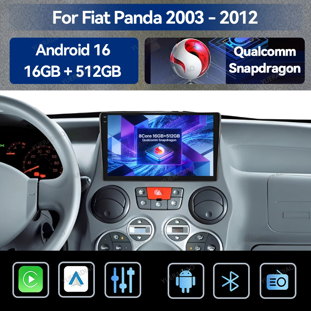 Android 16 Car Radio For Fiat Panda 169 2003 2004 2005 - 2012 Qualcomm Multimedia Stereo Video Player 2DIN 4G WIFI QLED BT NAVI
