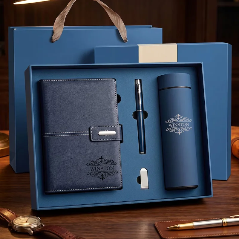 Personalized Custom Logo Notebook Pen and Vacuum Flask Gift Set PU Leather Journal Thermos Box for Corporate Graduation Birthday