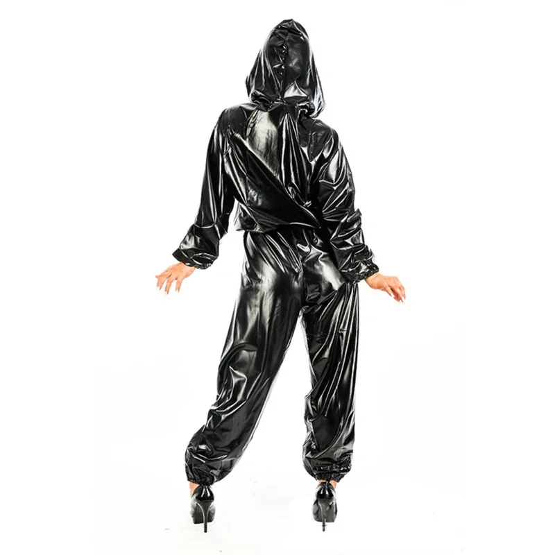 Shiny Patent Leder Overalls Frauen PVC Mit Kapuze Overalls Gothic Pumphose Damen Faux Latex Ein Stück Kostüm Clubwear Neue Benutzerdefinierte