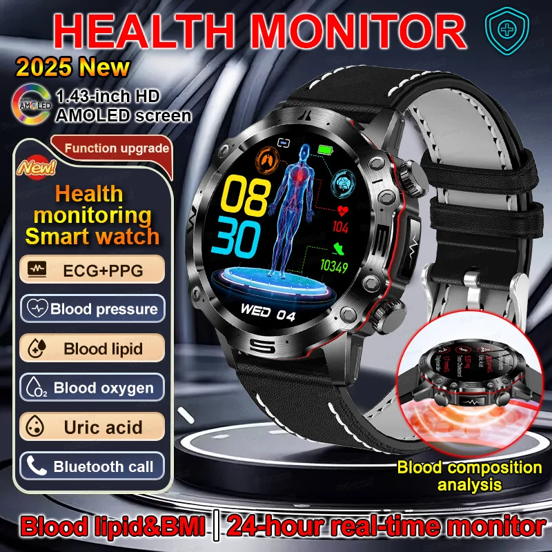 

2025 New Smart Watch For Men monitoring Blood pressure Uric Acid ECG+PPG Fitness Tracker Clock Bluetooth Call Health Smartwatch