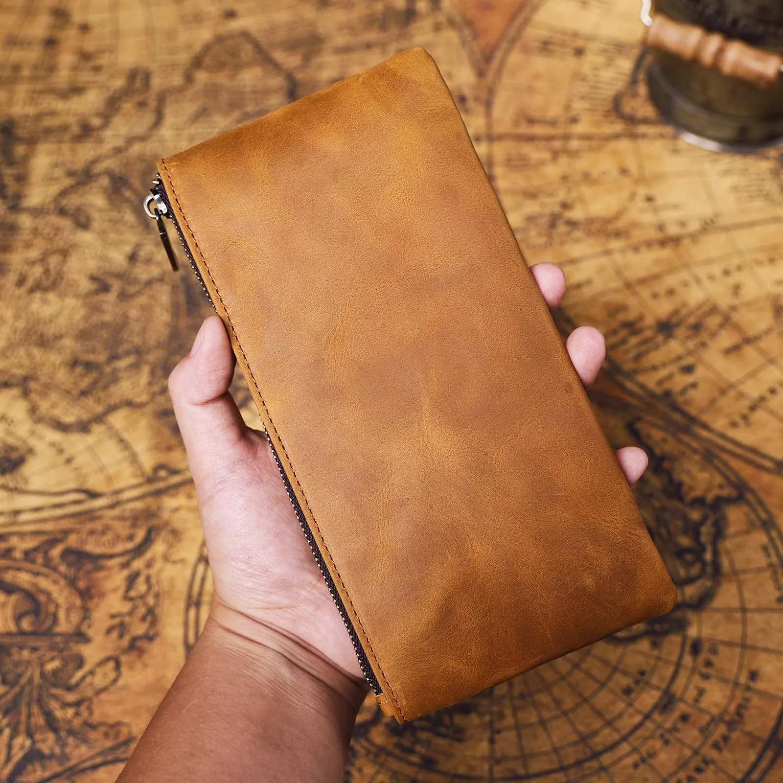 

casual handmade first layer cowhide men's clutch bag simple vintage vegetable tanned leather long thin ID card holder wallet