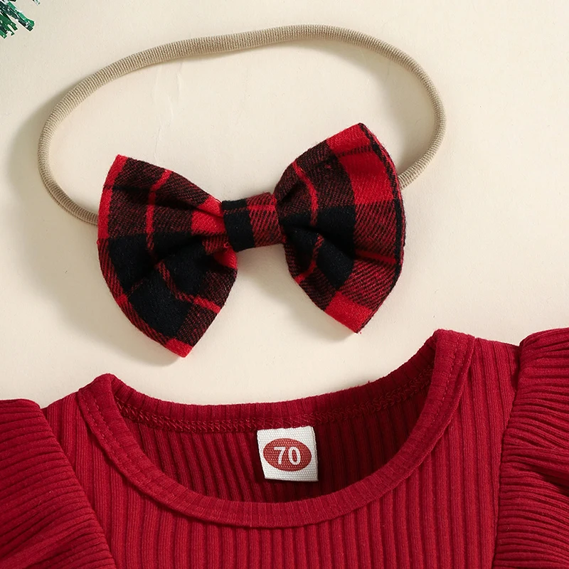 Christmas Girl Red Romper Newborn Infant Baby Knit Ruffle Long Sleeve Bow Jumpsuit Plaid Print Xmas Costumes