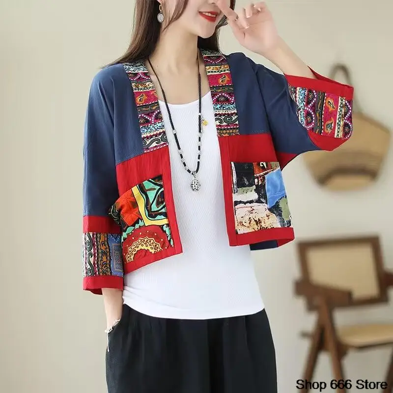 Chinese Traditional Retro Cotton and Hemp Shawl Coat Women's Printed Top Loose Short Coat Ethnic Spring  Autumn Femal Cardigan