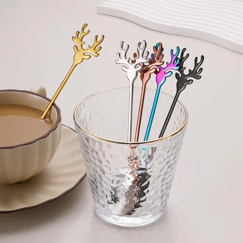 Christmas Elk Head Shape Stirring Spoon 304 Stainless Steel Coffee Dessert Spoon Exquisite Tableware Party Gift