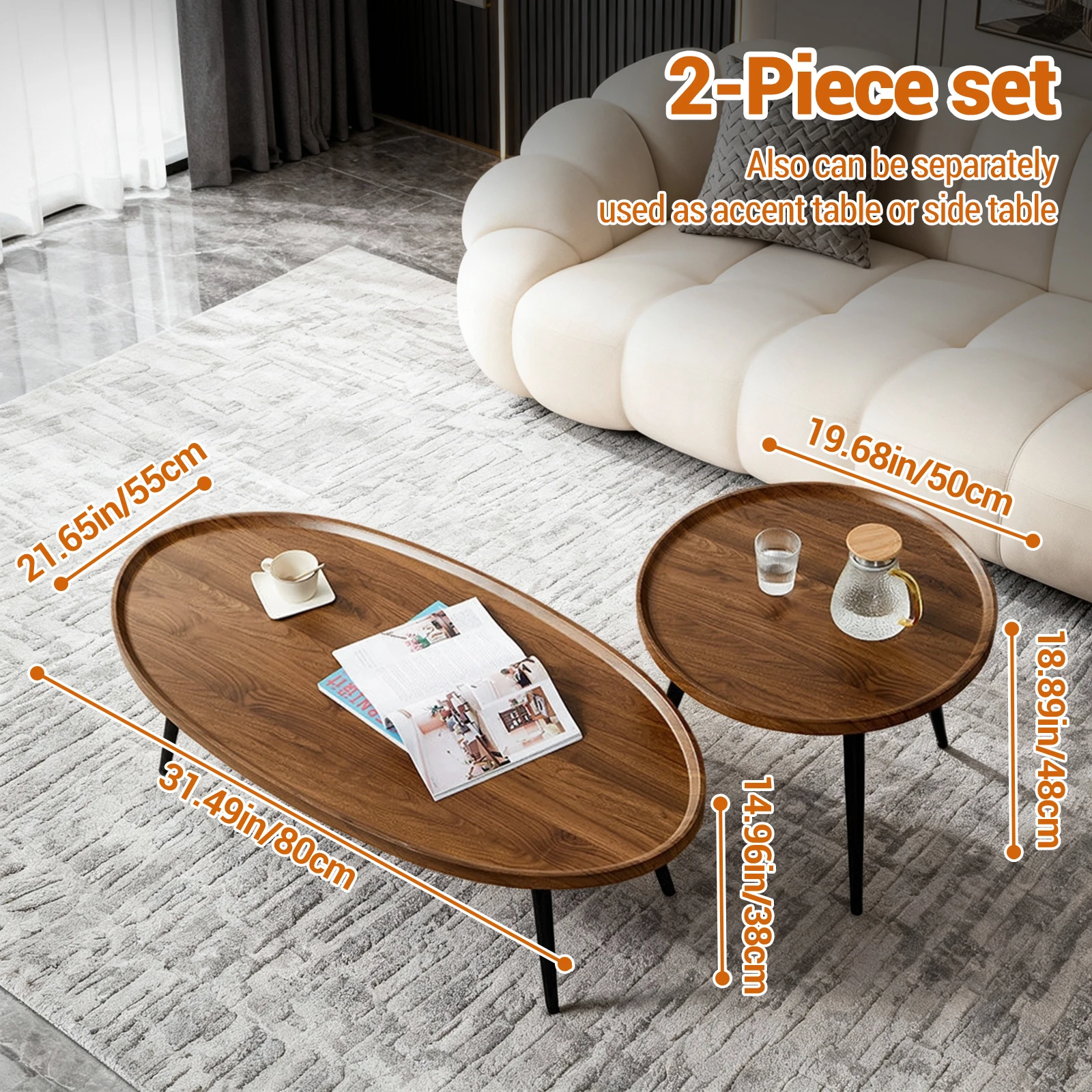 Modern Nesting Patio Side Tables Set of 2  Round End Tables with Sturdy Wood Legs & Metal Frame – Waterproof, Mark-Resistant, Space-Saving Ideal for Living Room, Bedroom, Balcony