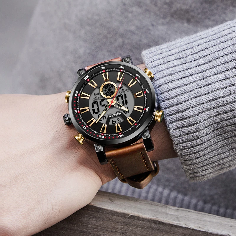 YASHIDUN Brand Men's Quartz Watch For Men LED Watches Men Fashion Casual Sports Clock Genuine Leather Military Wrist Watch