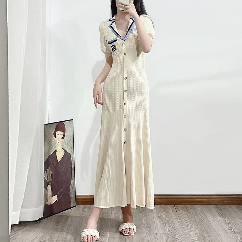 YuooMuoo Early Autumn Luxury Embroidery Maxi Dress Women Fashion Y2K Single-breasted Knitted Dresses Elegant Lady Office Dresses