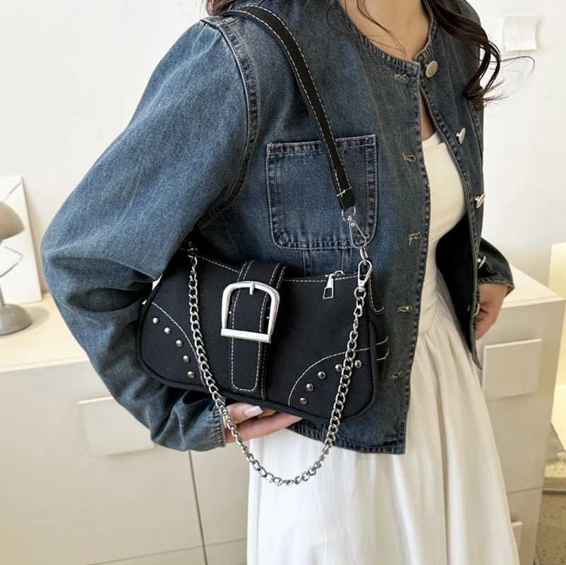 Y2K Fashion Women Vintage Rivet Bag Underarm Bag Canvas Luxury Brand Designer Shoulder Bags Zipper Ladies Commute Handbag