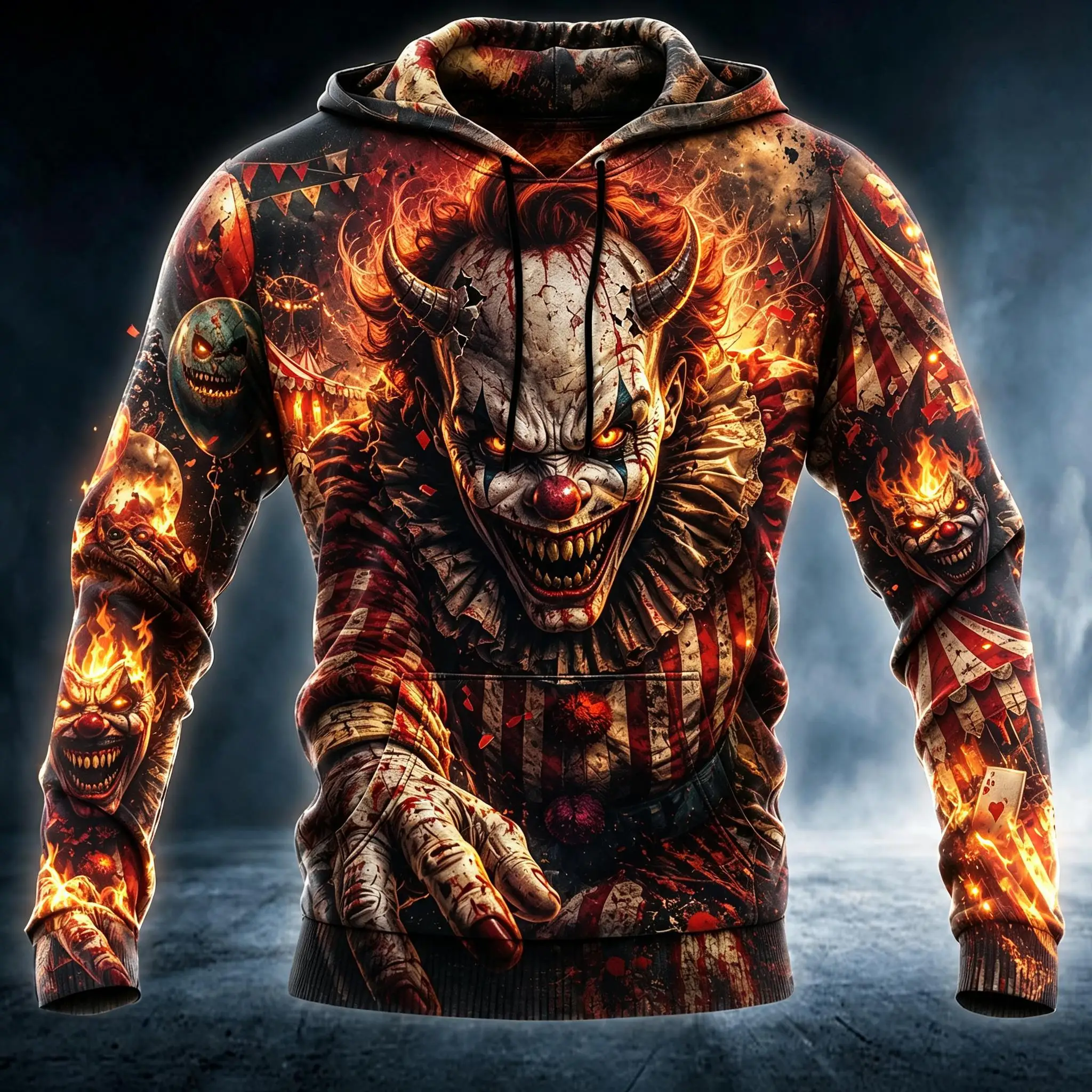 Men's Vintage Bloody Scary Clown Circus Tent Full Print Hoodie Drawstring Pocket Horror Gothic Halloween Pullover Sweatshirt