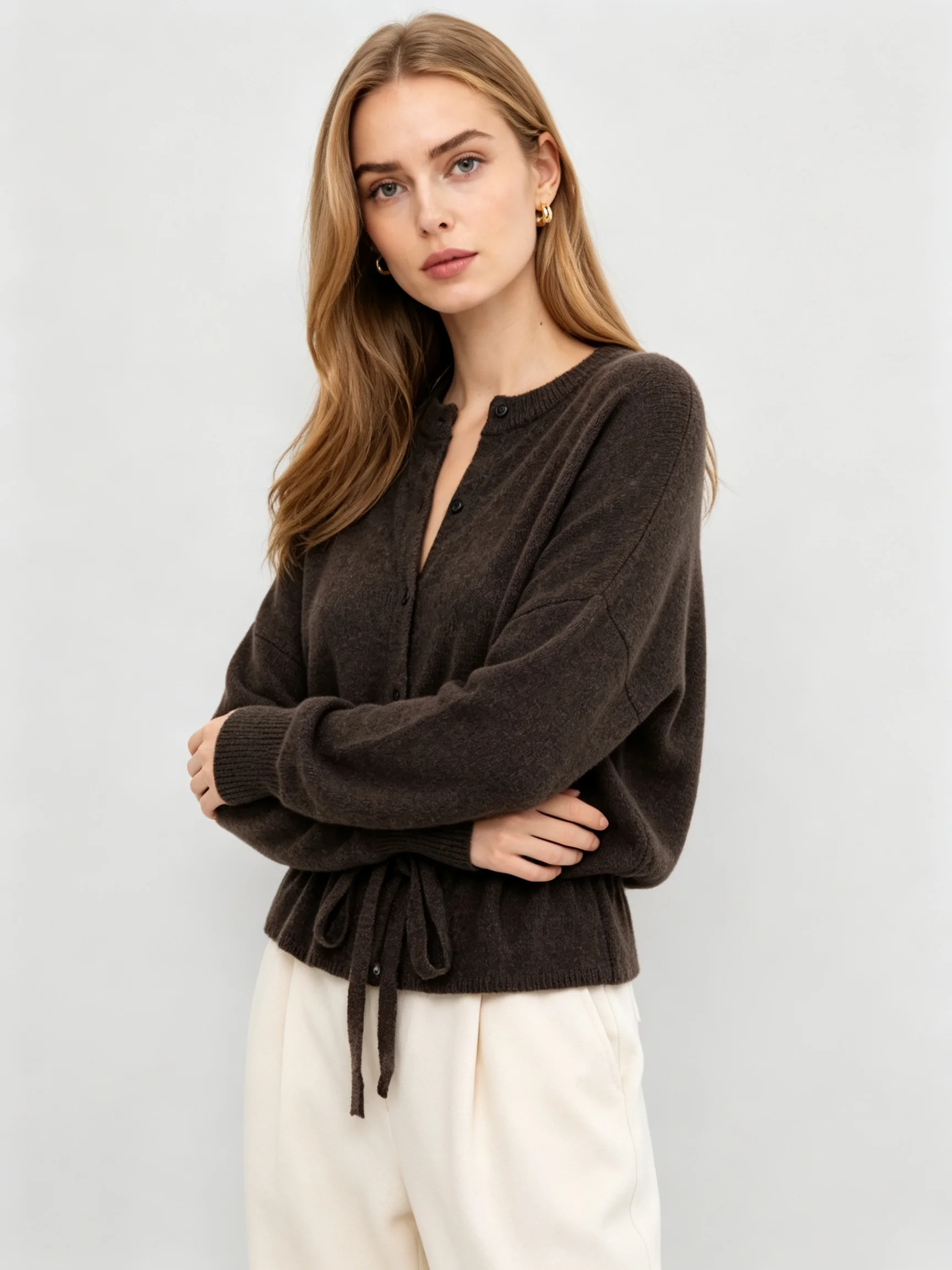 LIMO Round Neck Button Down Drawstring Hem Loose Long Sleeve Knit Cardigan