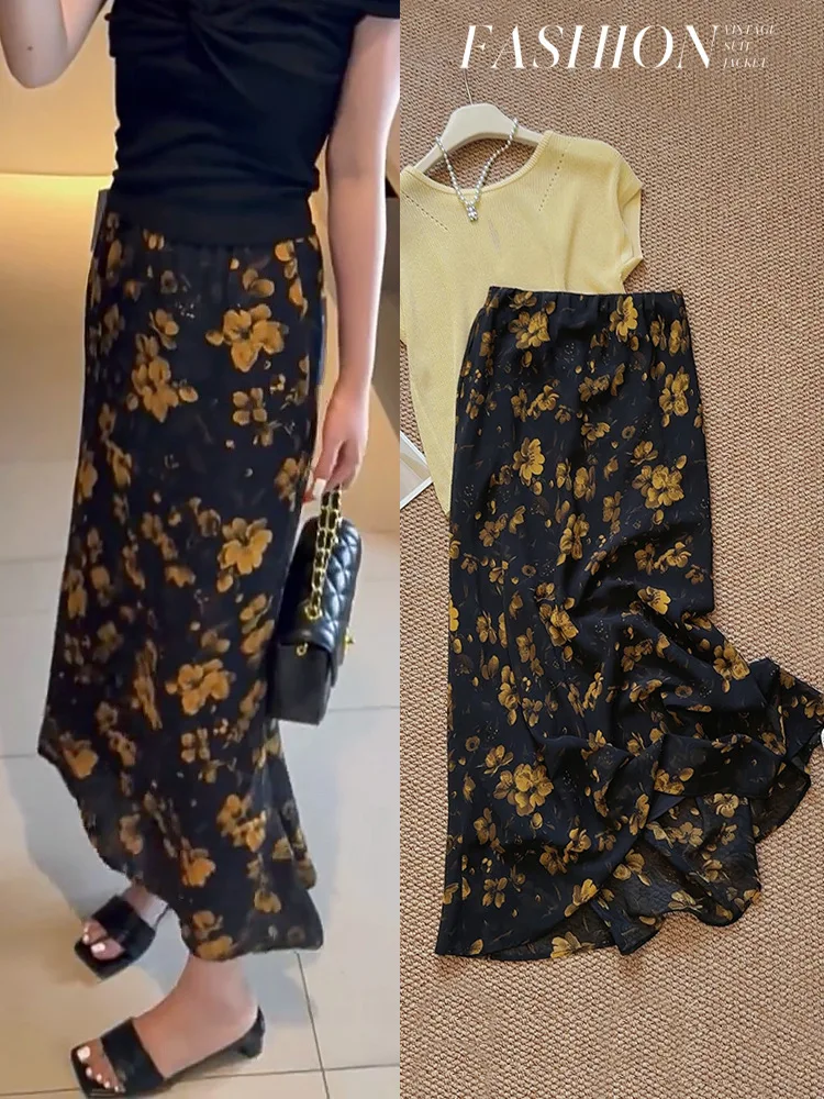 

Retro floral slimming wrapped fishtail skirt chiffon floral skirt temperament half skirt Hong Kong style long skirt A-line skirt