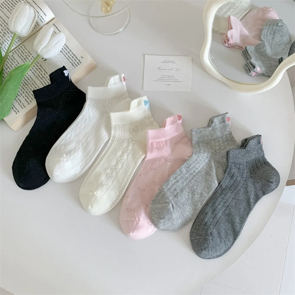 

Women Cotton Sock Girls Short Socks Summer Fashion Embroidery Bowknot Casual Mesh Thin Hosiery