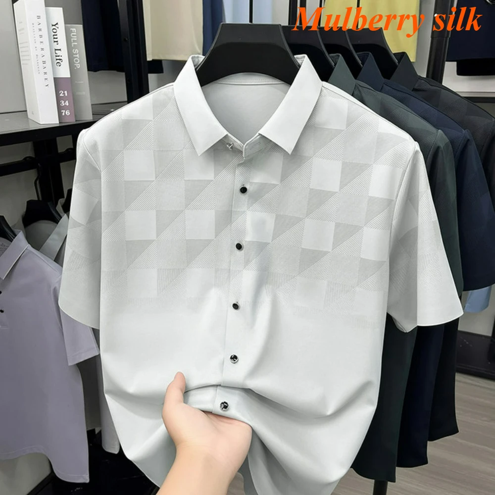 

Мужская однотонная деловая повседневная рубашка из шелка тутового шелкопряда, высококачественная, с коротким рукавом, летняя, новая, шелковый топ 2026 года