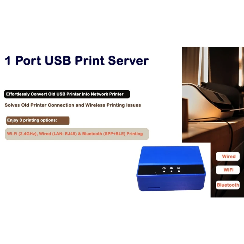 A96I-Wifi Ethernet Bluetooth Print Server, Transform Your USB Printer Into A Wireless Printer. EU PLUG