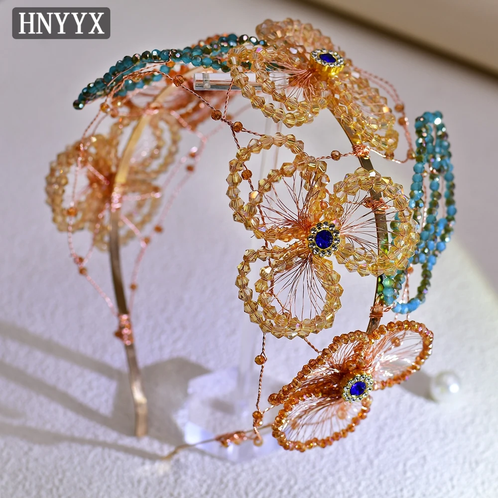 

HNYYX Wedding Crystal Beaded Headband Champagne Flower Shaped Hair Accessories Women Prom Headpiece Girl Jewelry Hair Tiara A217