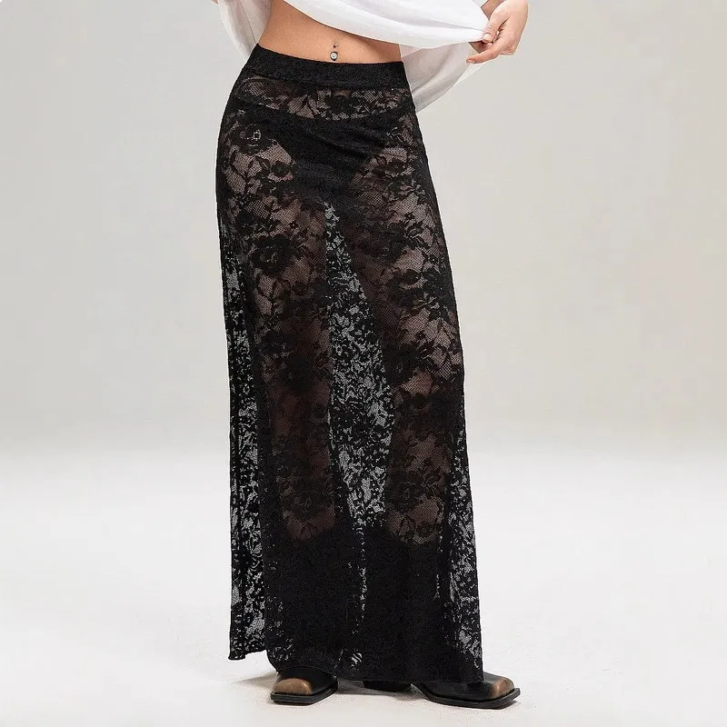 Summer New Black Lace Long Skirts Women Sexy See-Through Slim Fit Y2k Sheer Maxi Skirts Beach Cover Up Long Skirt