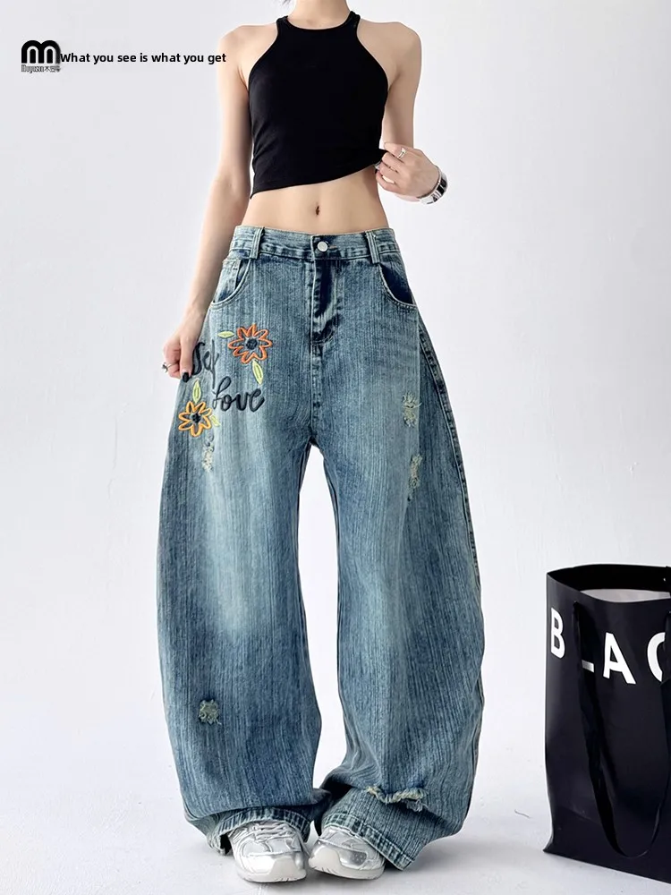 

Summer New Women's Loose Straight Leg Jeans Embroidered Bamboo Node Pattern Wide Leg Pants High Waist Zipper Closure Denim Blue
