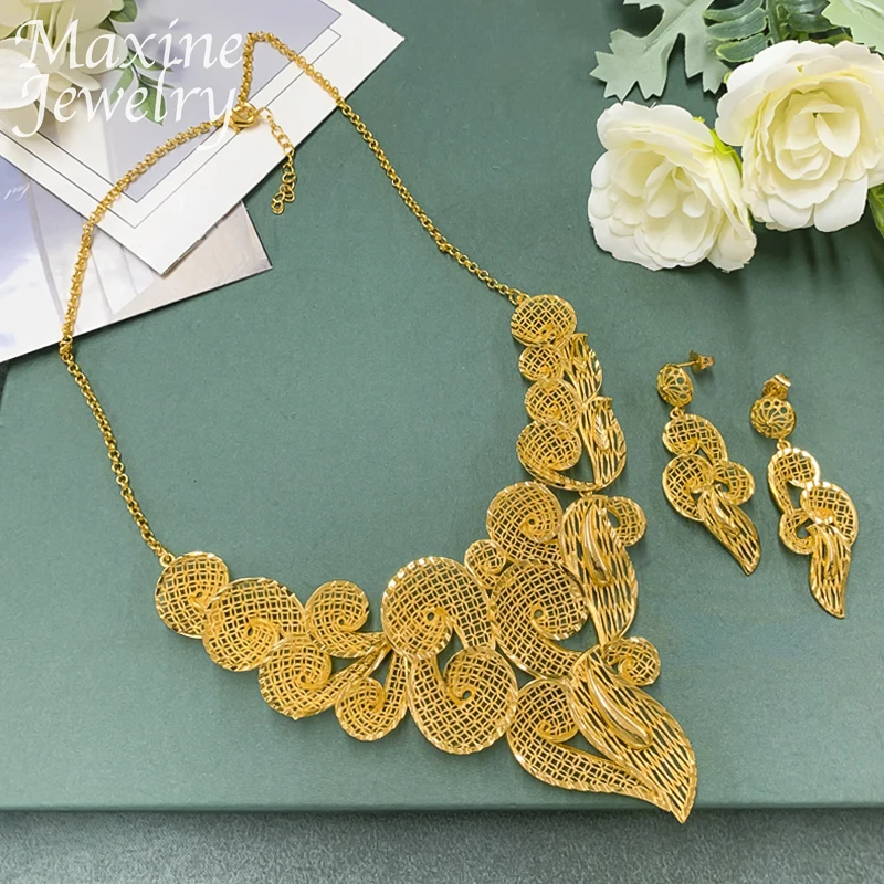 Italian Hollow Luxury Original 18K Gold Plated Jewelry Set Chunky Necklace Drop Earrings for Women Party Bridal Wedding Gifts