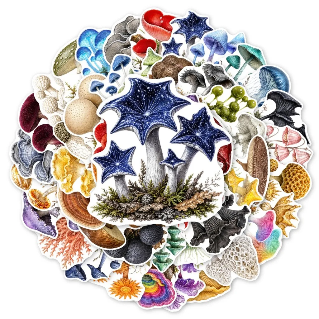 50Pcs Colorful Mushroom Plant Stickers Nature‑themed Fungi Pattern Decal for Notebook Skateboard Fridge DIY Aesthetic Decoration