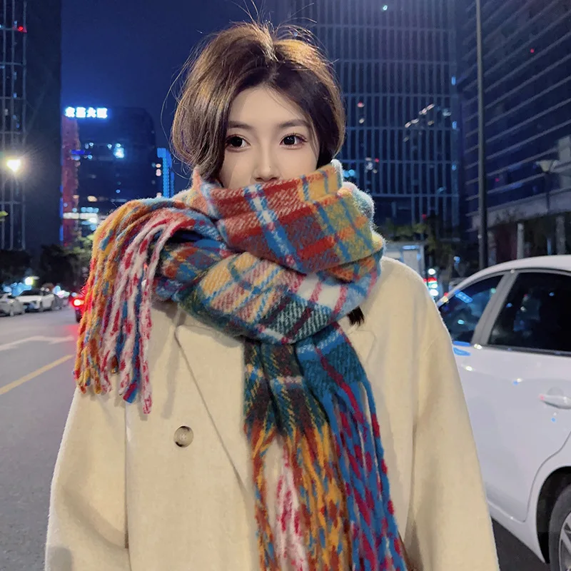 Pink Plaid Scarf Women's Autumn and Winter Korean Long Versatile Atmosphere Thickened and Warm Imitation Cashmere Student E2279