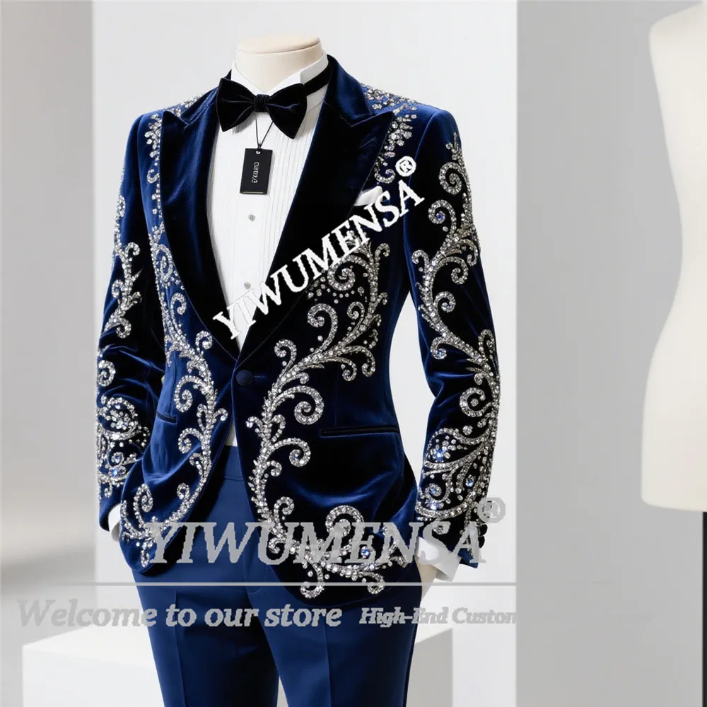 Trajes de esmoquin de lujo con cuentas de cristales para hombre, trajes para boda, graduación, novio, conjuntos de 2 piezas, Blazers de terciopelo para graduación, trajes elegantes para hombres