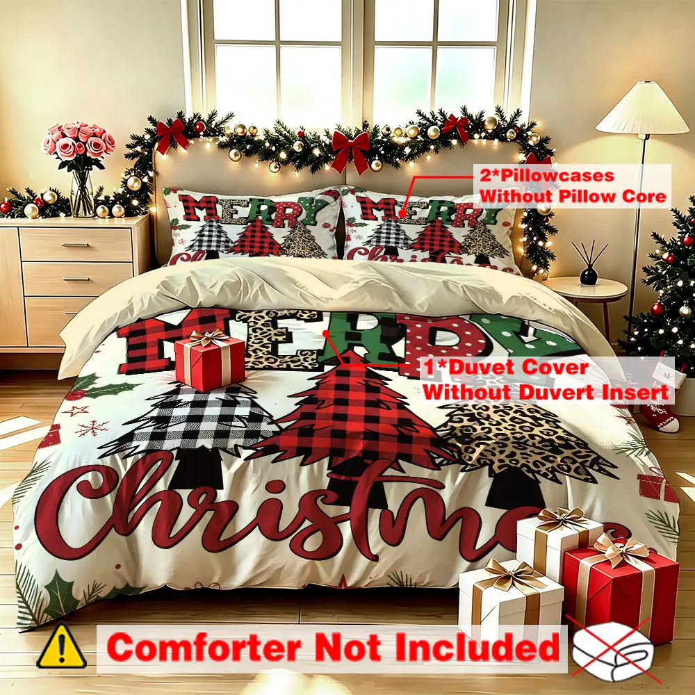 3 Pcs Merry Christmas Duvet Cover Set Leopard Plaid Christmas Tree Print Cozy Bedding Set for Bedroom