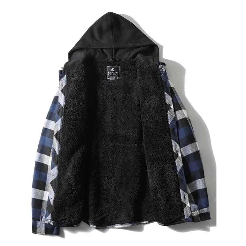 Winter Men\'s Plaid Thick Fleece Hooded Shirts Jacket Autumn Outwear Flannel Quilted Lined Checkered Shirt Man Camisas De Hombre