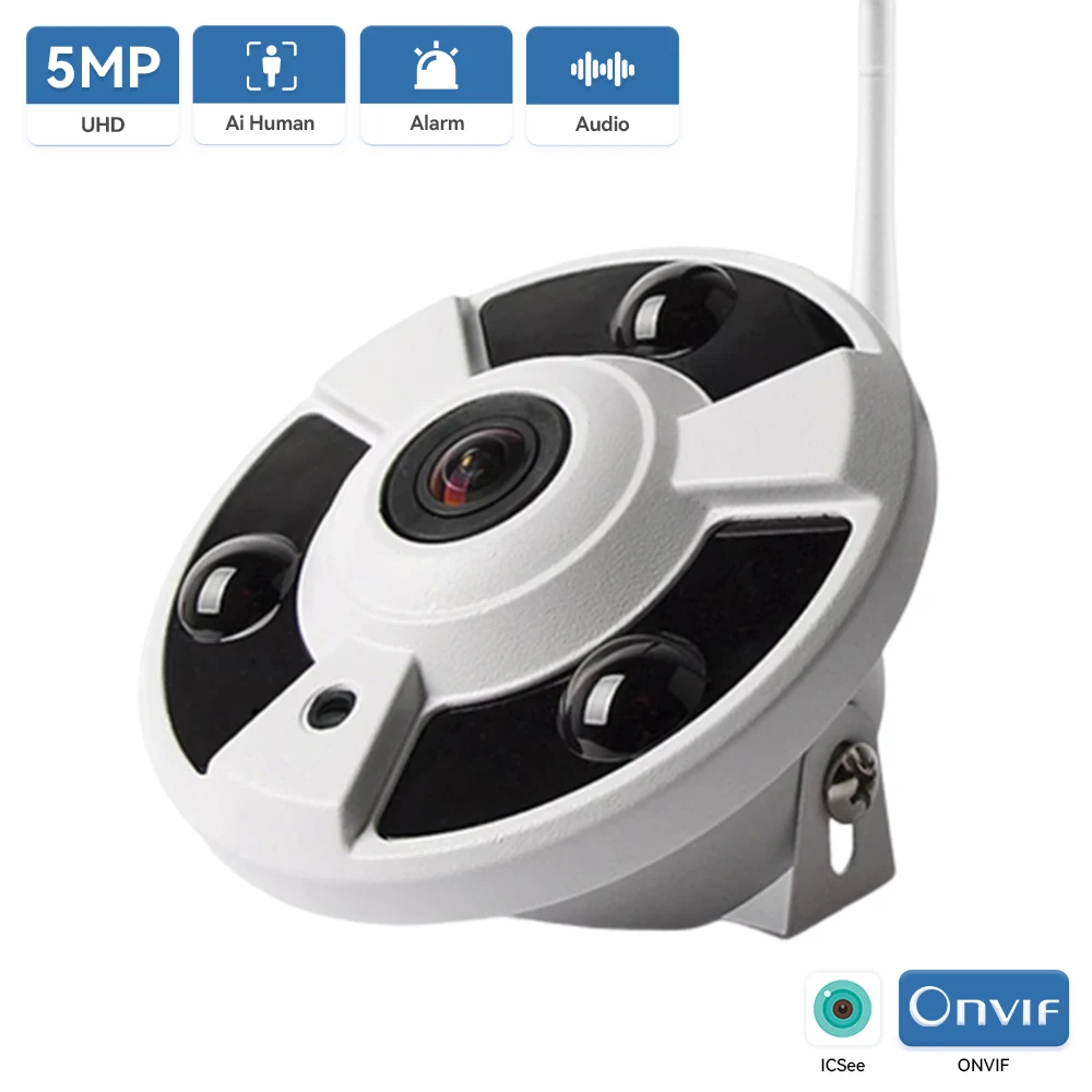 

5MP Wifi Camera 1.7MM Fisheye Lens Panoramic iCsee ONVIF Wireless/Wired Camera Audio Record Motion Detection XMeye Cloud H.265X