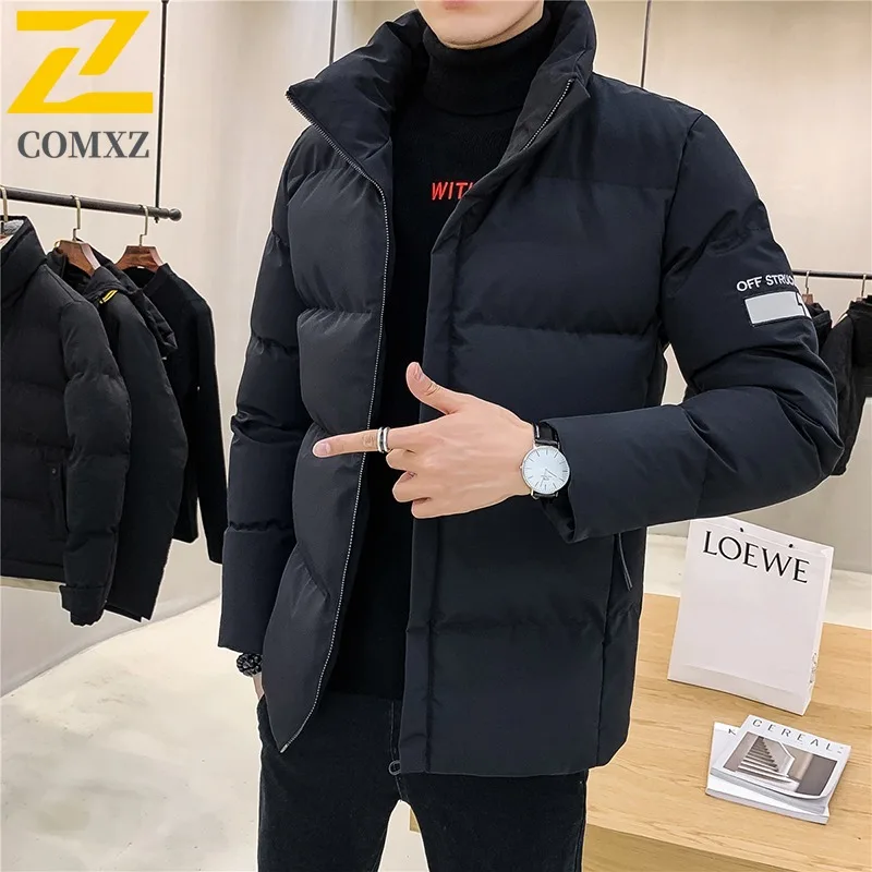 COMXZ Winter Fashion Stand Collar Cotton Jacket Solid Color Hooded Waterproof Windproof Outdoor Casual Warm Coat Men Streetwear