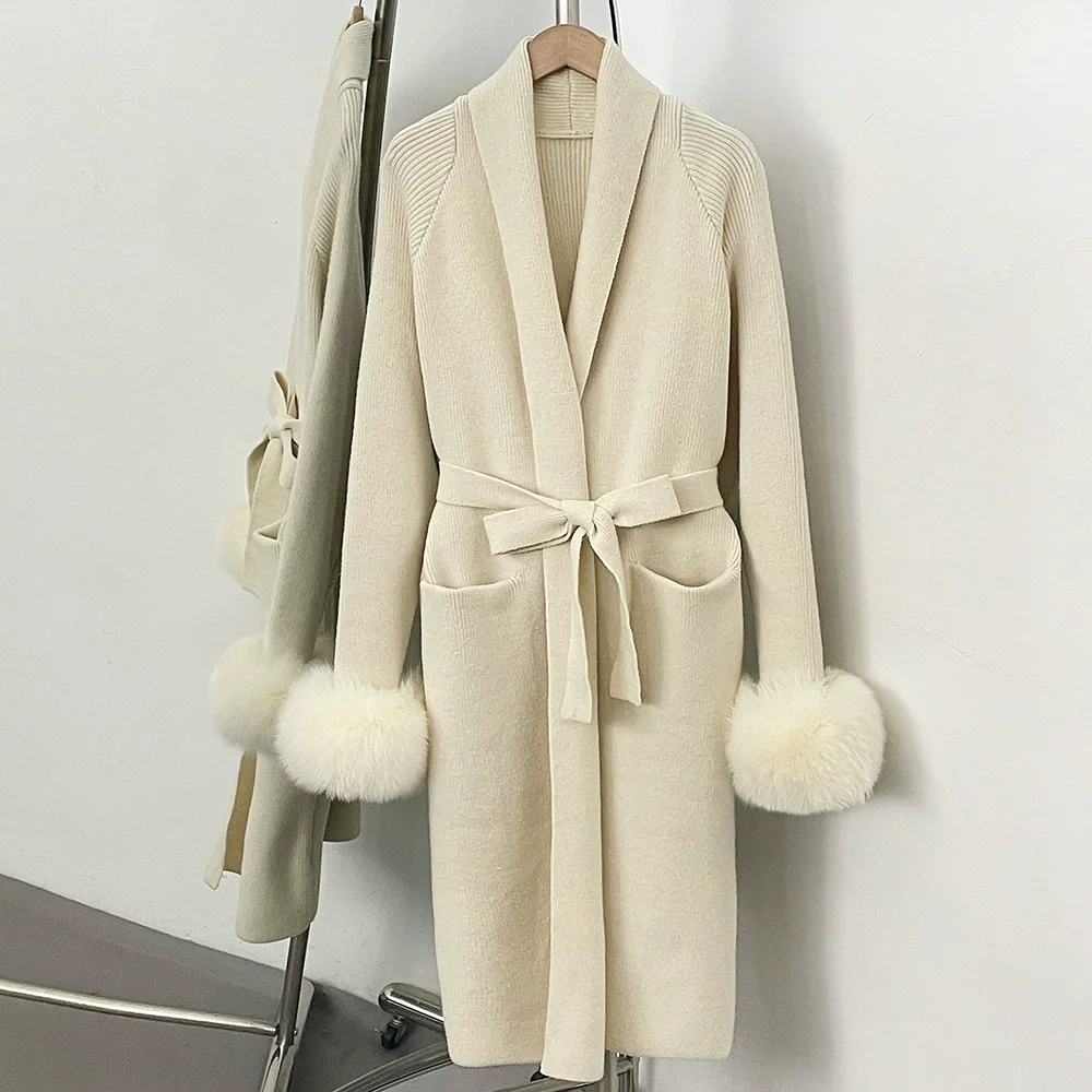 2026 new women elegant lace-up overcoat for autumn and winter long sweater knitted cardigan coat outerwear fox fur cuffs