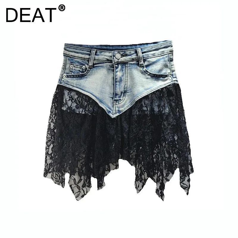 

DEAT Women's Denim Skirt High Waist Slim Patchwork Irregular Lace Design Hotsweet Short Skirts 2024 New Fashion Autumn 11A01680