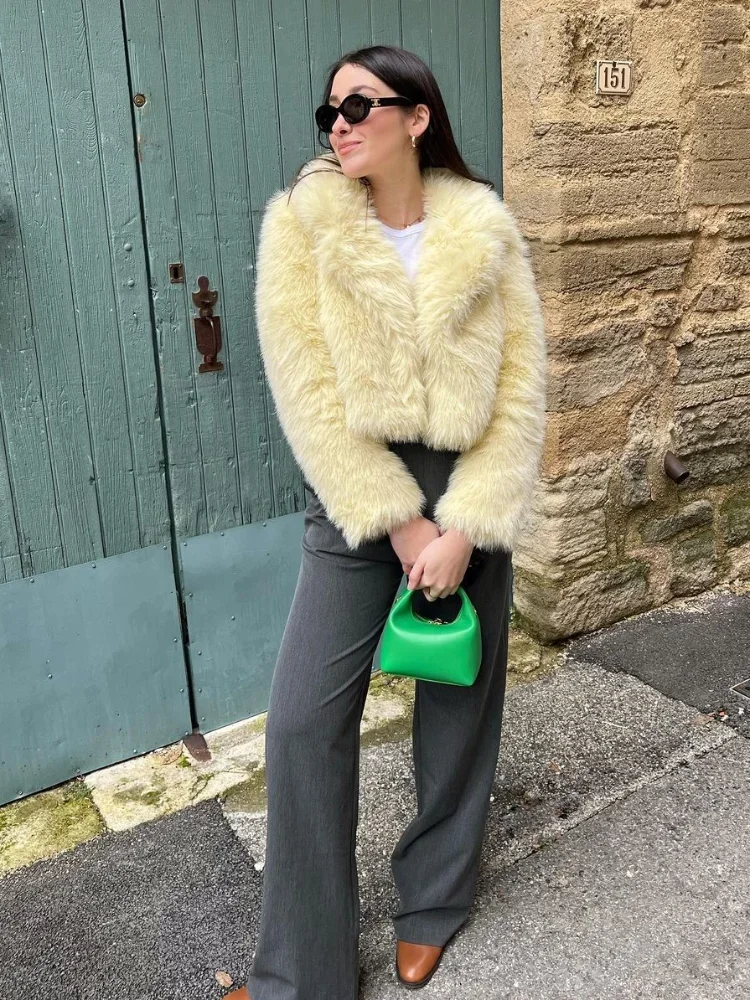 Yellow Short Faux Fur Coat Women Lapel Long Sleeve Fluffy Loose Cardigan Jacket 2025 Winter Lady Thicken Warm Street Outerwear