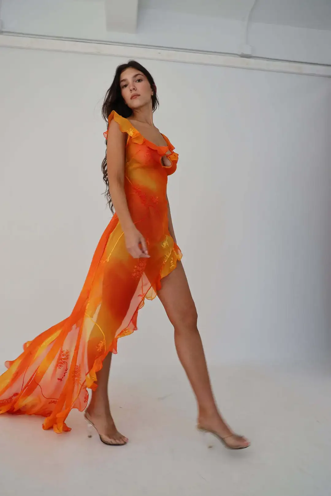 Vestido de malla transparente para mujer, traje largo con espalda descubierta, abertura alta, estampado, ahuecado