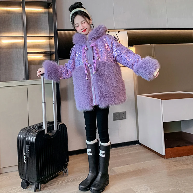 2023 girl imitation fur coat winter high-end western-style thick fur coat girl baby warm princess sequins Mao Mao stitching coat