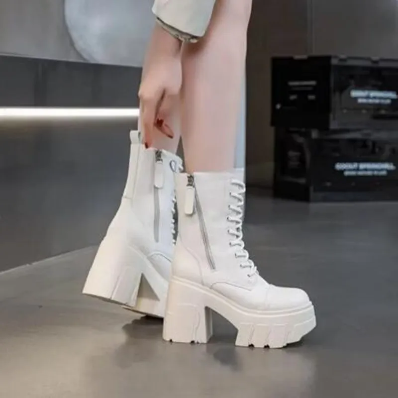 NOWOŚĆ Punk Gothic Women Boots 11CM Platform Wedge Knee High Fashion British Boot ZIP Leather Ankle Spring Synthetic Autumn Shoes — zdjęcie 5