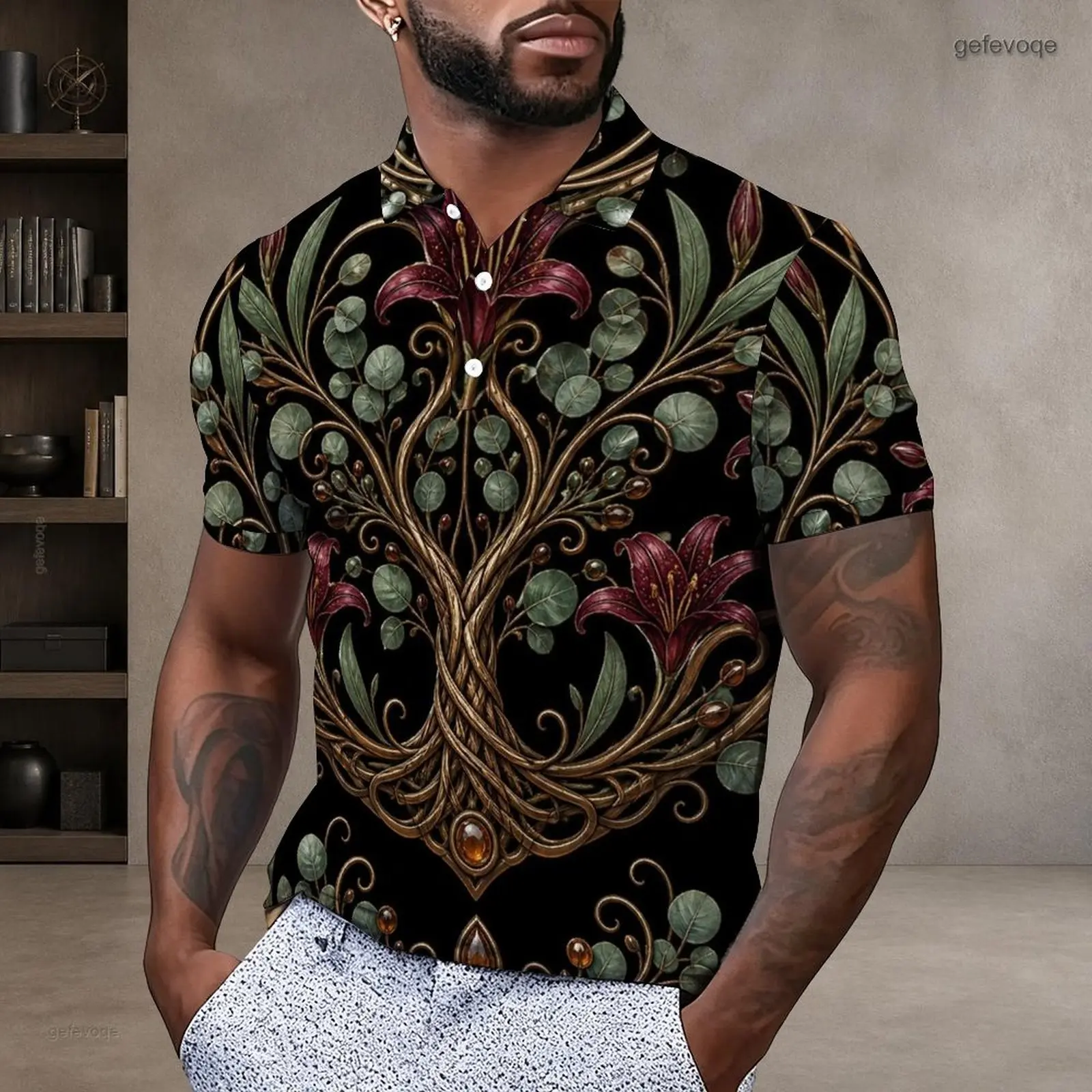 Men Printed Polo Shirt Short Sleeve Collared Neck Button Placket