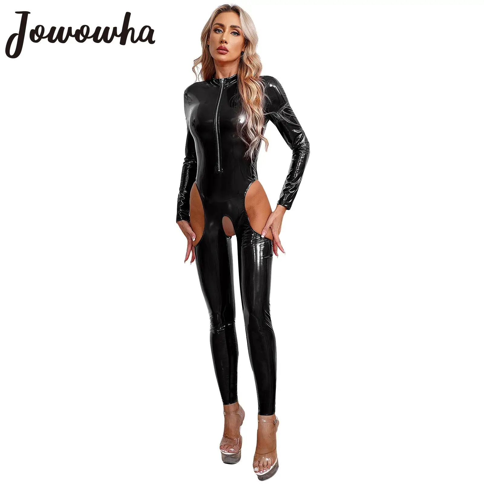 

Womens Cutout Open Crotch Patent Leather Jumpsuit Zipper Stand Collar Crotchless Catsuit Long Sleeve Wet Look Bodysuit Lingerie