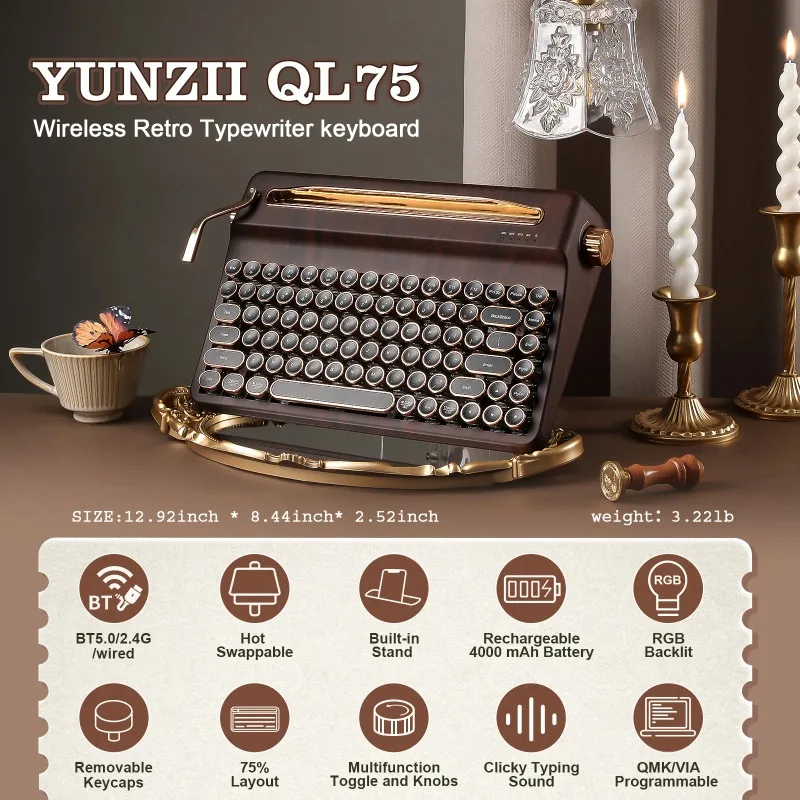 YUNZII QL75 Wood QMK/VIA Mechanical Keyboard, Retro Style RGB Wireless Mechanical Keyboard, Mac/Win
