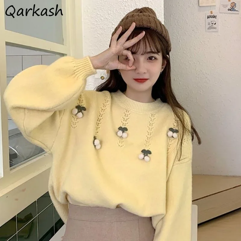 

Knit Pullovers Women Sweet Appliques All-match Fashion Korean Style Girlish Sweater Autumn Winter Loose Knitwear College Leisure