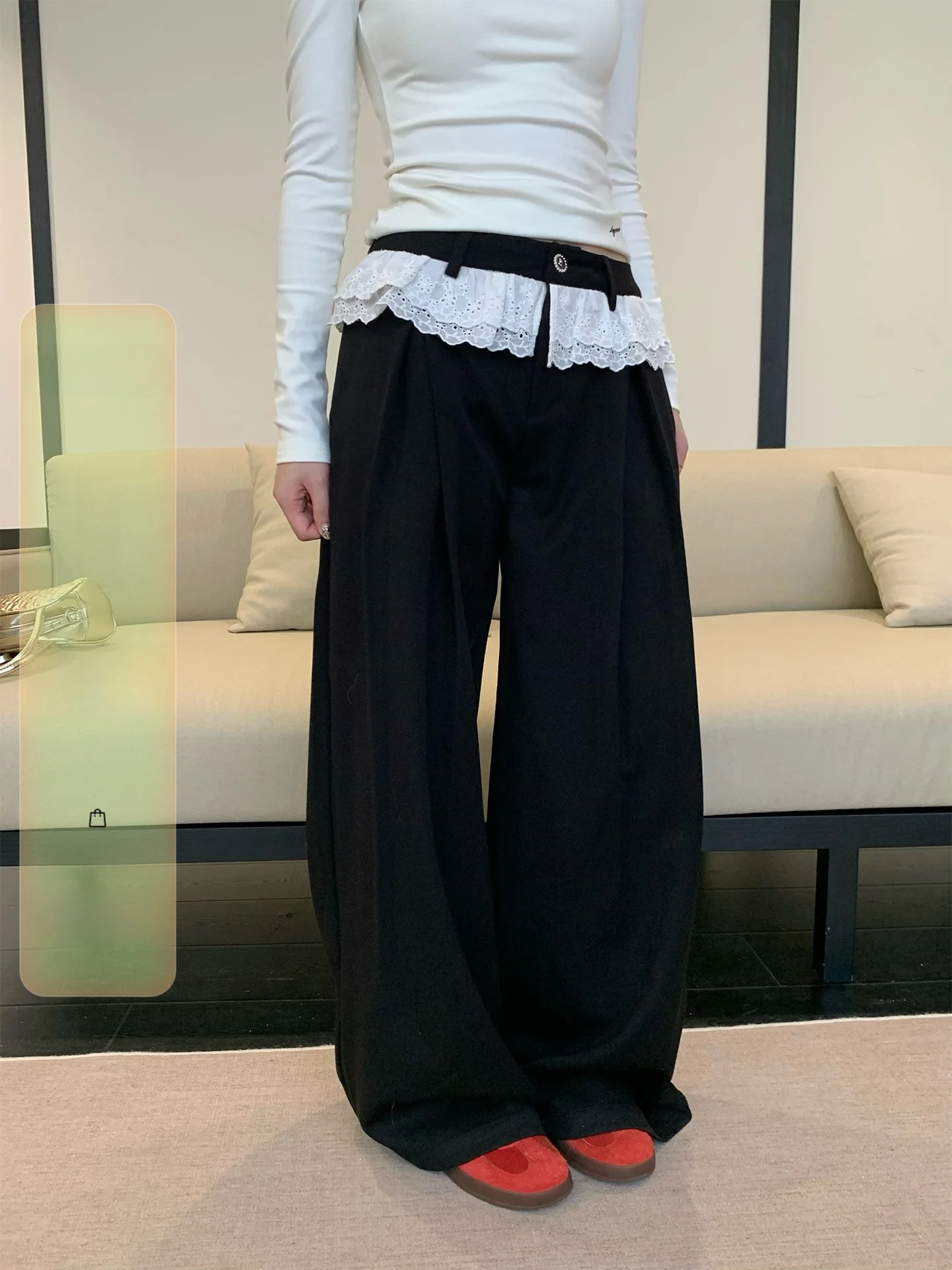 

iny Spring Loose Wide Leg Casual Pants Women's Floor-Length Dra Lace Trim Straight Leg Trousers Bla Casual Pants