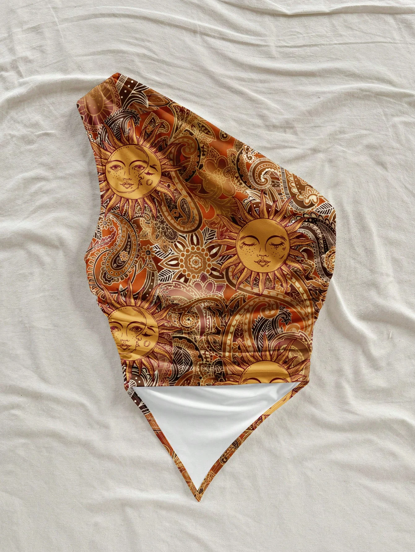 여성용 여름 레트로 보헤미안 골드 태양신 페이즐리 패턴 비대칭 싱글 숄더 탑, 휴가 스타일, 여름에 적합