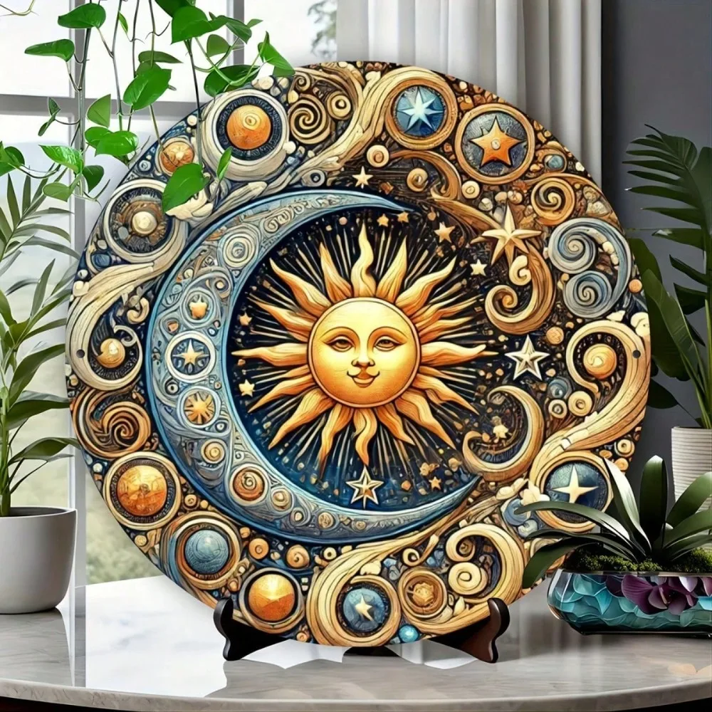 Frühlingssonne und Mond, himmlische Metallkunst – 20,3 x 20,3 cm runde Wanddekoration, Zuhause, Büro, Bar, Geschenk, zufällige Lochpositionen