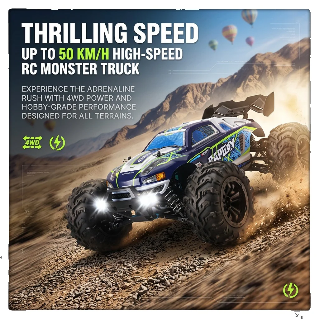 1/16 RC Monster Truck 40 km/h Offroad-Auto, modularer sicherer Akku, LED-Lichter, RC390 Hochgeschwindigkeitsmotor, 2.4G Fernbedienung für Kinder & RC-Fans
