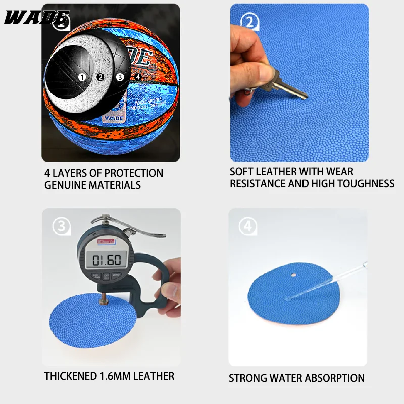 WADE Indoor/Outdoor 7# Basketball for Man Adult School Basketball PU Moisture Absorbing Leather Original Ball With Pump