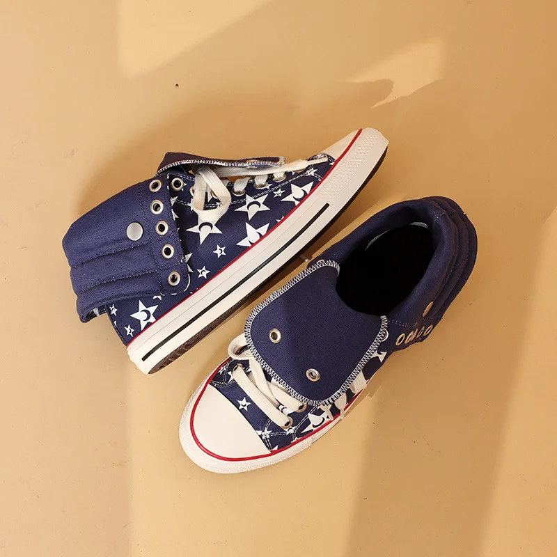 Unisex Star Pattern High‑cut Canvas Shoes Foldable Collar Design Lace‑up Flat Sneakers Breathable Casual Walking Shoes Fashion