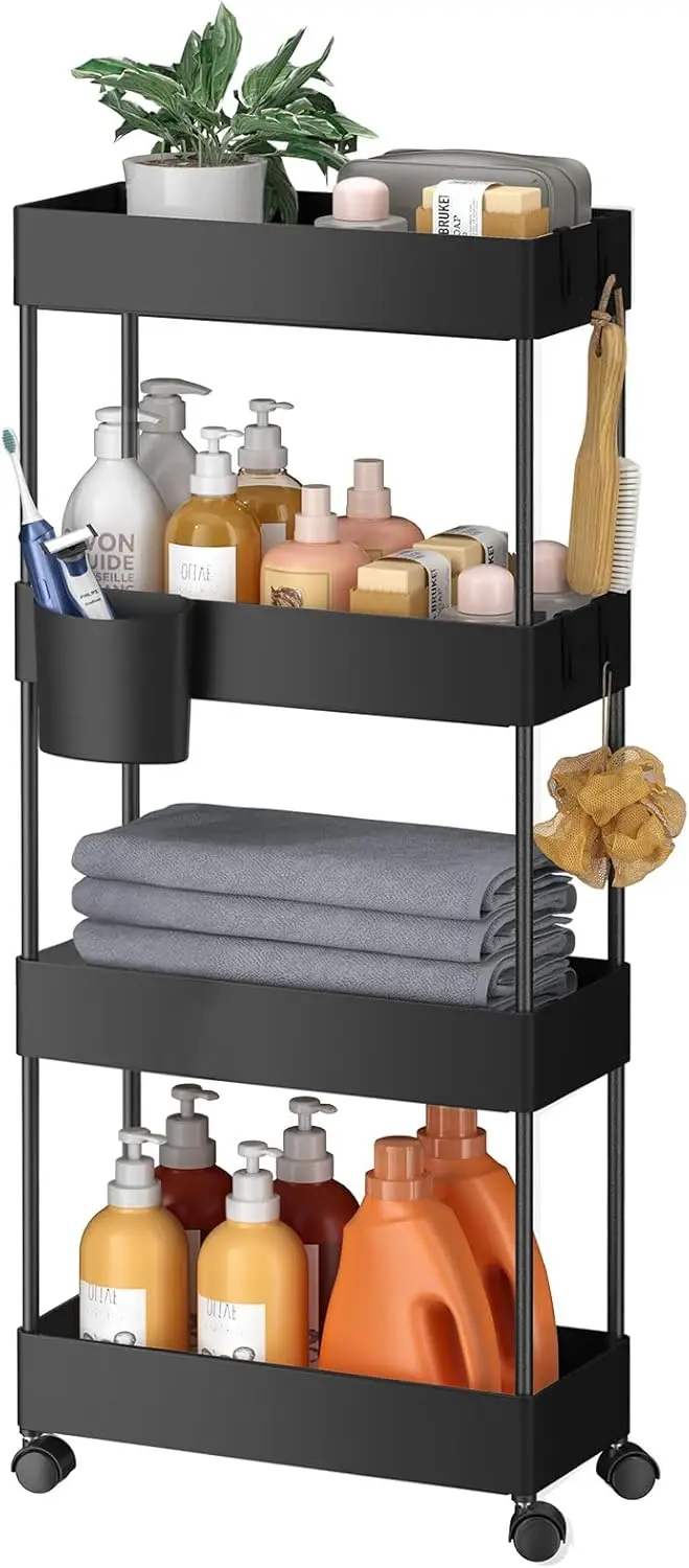 

Slim Rolling Storage Cart with Wheels, Bathroom Kitchen Organizer for Small Spaces, Black