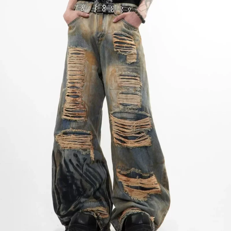 

American Style High Street High Quality Broken Hole Knife Jeans Unisex Wasteland Straight Washing Distressed Wide Leg Pants