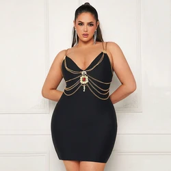 Black Big Size Chain Bandage Dress Women Summer 2024 Sexy Strap V Neck Metal Party Evening Dresses Fashion Bodycon Outfits BA426